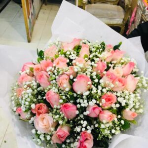 Pink Roses and Baby Breath Bouquet