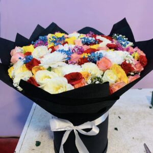 Multicolor Flower Bouquet in Black Hatbox