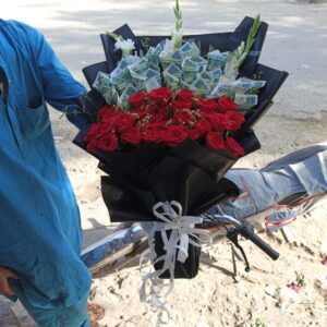 Red Rose and Currency Note Bouquet with White Gladiolus [ only making ]