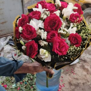 Red Rose, White Lily, and Statice Bouquet in Gold-Edged Black Wrap