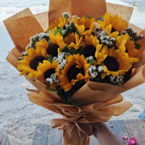 Sunflower and White Statice Bouquet in Kraft Paper Wrap