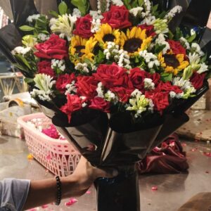 Mixed Sunflower and Red Rose Bouquet in Glossy Black Wrap