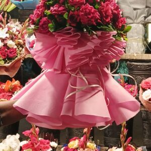 Royal Crimson Rose "Ballerina" Bouquet in Tiered Pink Ruffles