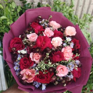Mixed Rose and Autumn-Hue Blossom Bouquet in Deep Maroon Wrap