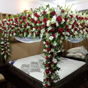 Royal Red  Rose & white glad -Veil Bed Canopy with Sheer Ivory Draping