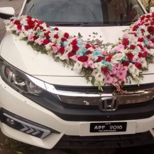 Fresh Pink and Blue Mixed Floral Curve with Scattered Red Rose Accents