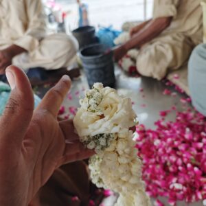 white -Rose & Motiya Gajra with baby breath