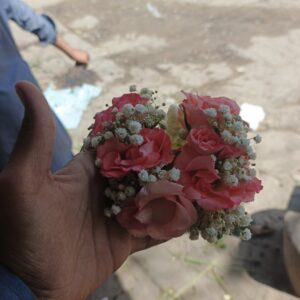 pink Rose & White Motiya Tiered Gajra with imported baby breath