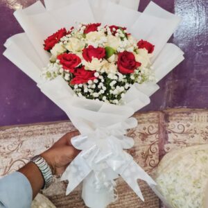 Red & White Rose Mini Bouquet With Baby Breath In White Wrapping Sheet