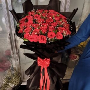 Red Rose Bouquet with Baby Breath In A  Black Elegant Wrapping