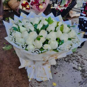 Pure White Roses Bouquet With Gypsophila