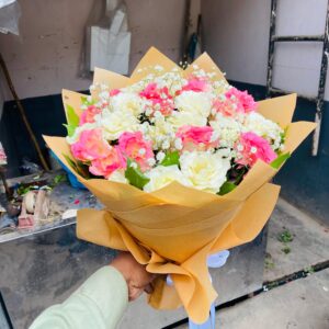 Pink & White Roses Bouquet With Baby Breath